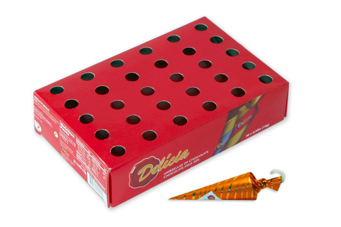 EXPOSITOR DE BALCÃO PARA GUARDA CHUVAS DE CHOCOLATE - DELÍCIA
