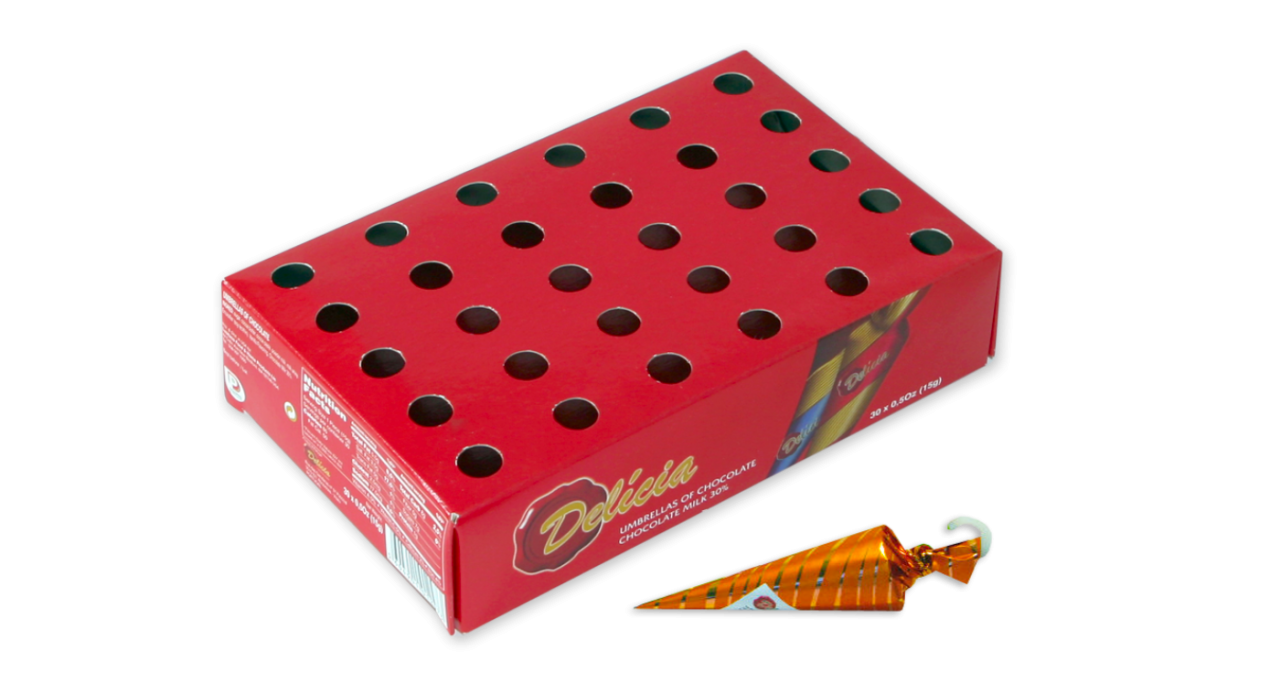 EXPOSITOR DE BALCÃO PARA GUARDA CHUVAS DE CHOCOLATE - DELÍCIA